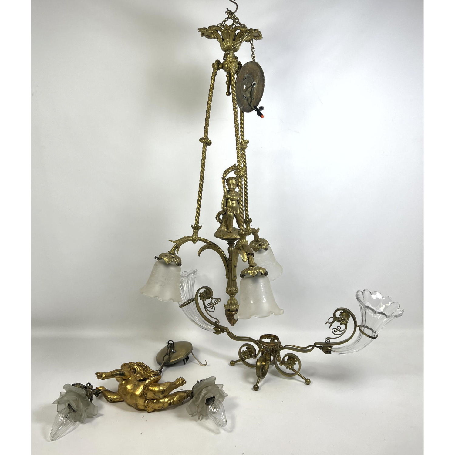 Appraisal: Vintage Gold Finish Hanging Chandelier with Cherub Metal stand with