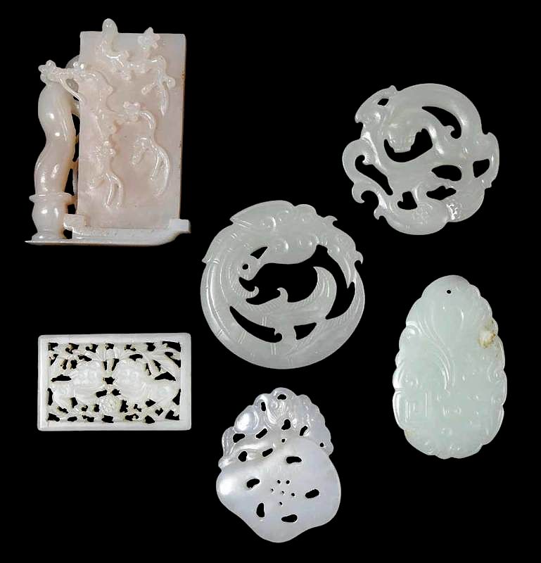 Appraisal: Six Carved Jade Plaques Chinese geometric and botanical designs -