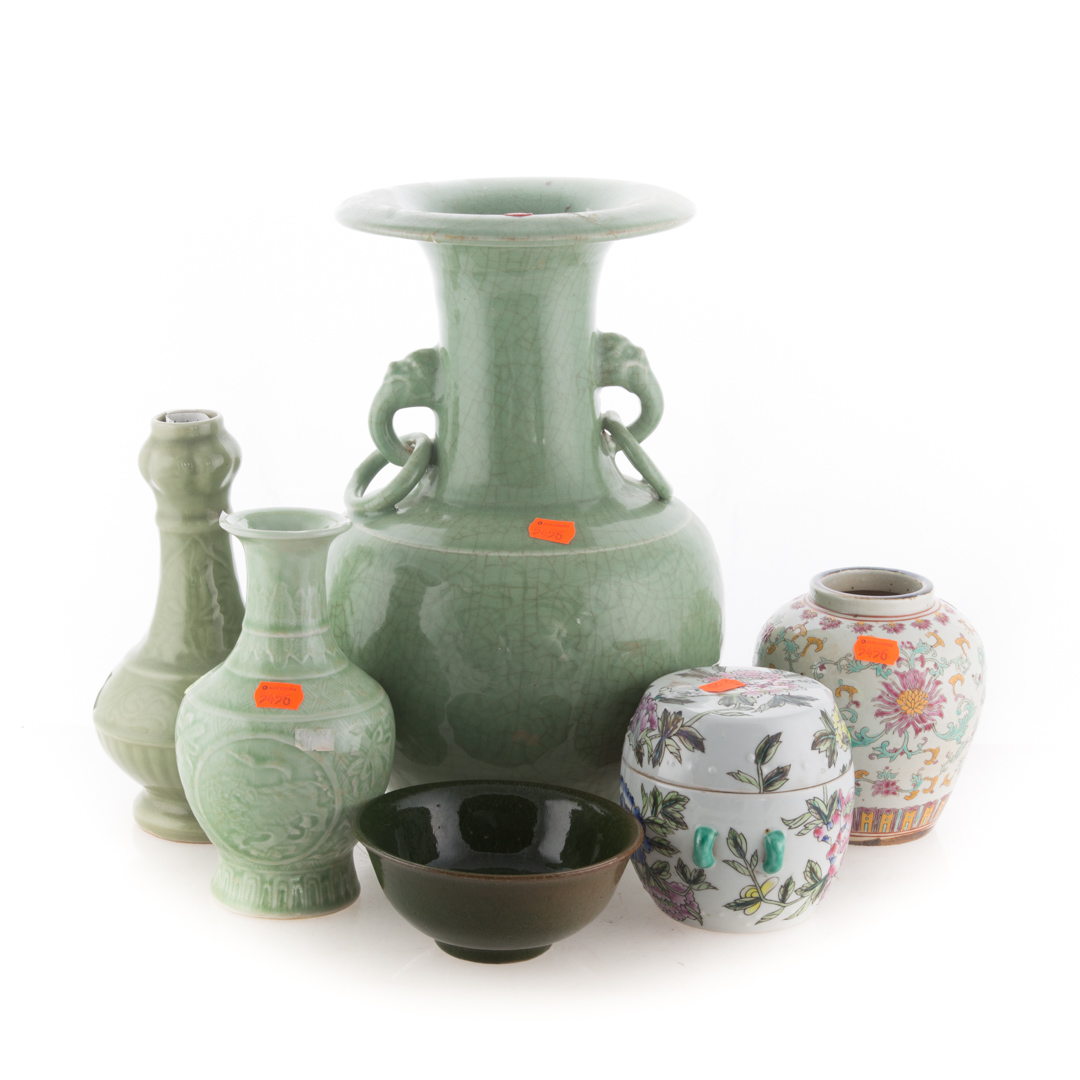 Appraisal: Six Chinese porcelain articles including three celadon glazed vases and