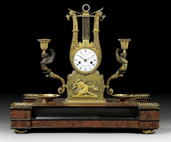 Appraisal: DESK SET WITH LYRE CLOCK Empire the dial signed THOMIRE