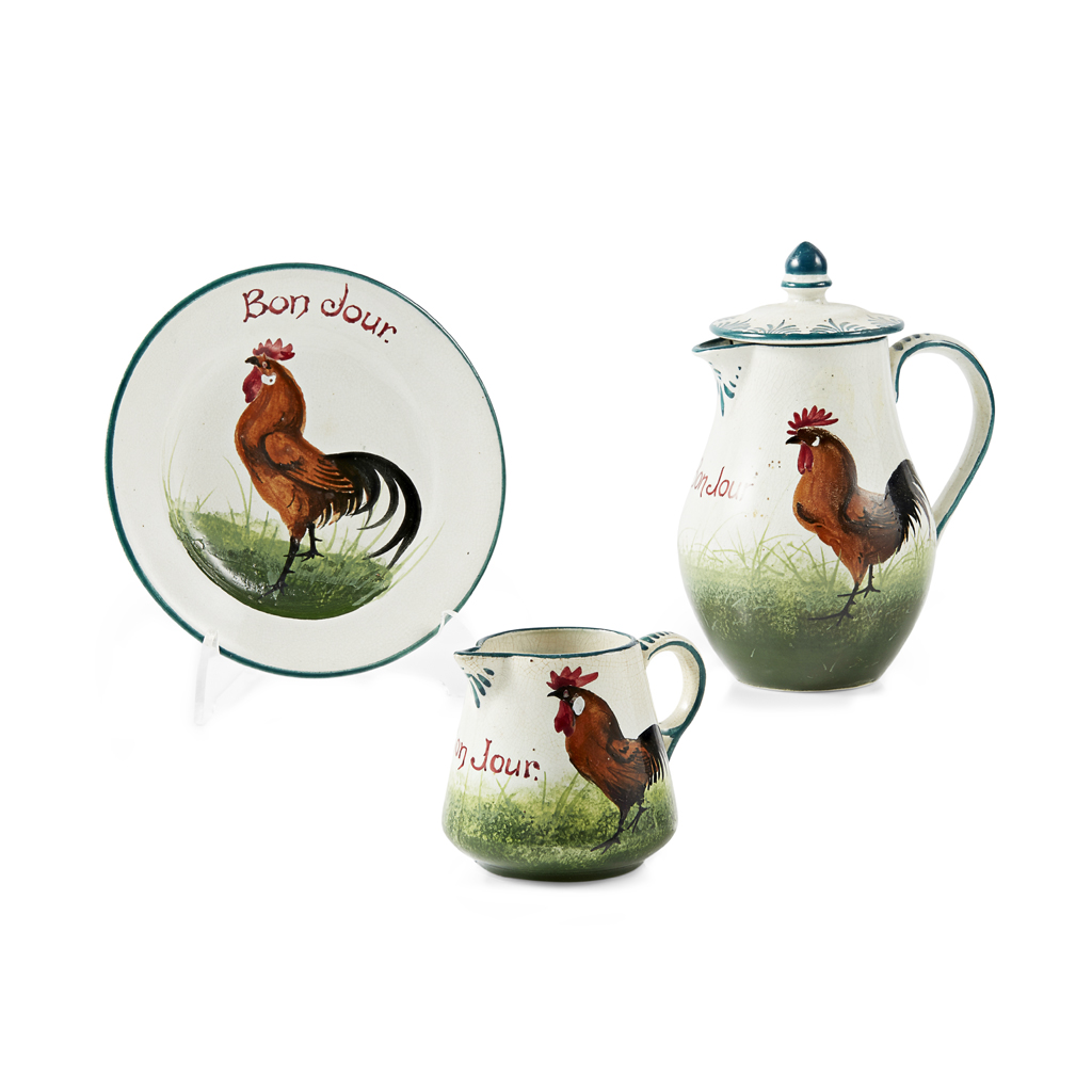 Appraisal: A WEMYSS WARE 'BONJOUR' TRIO 'BROWN COCKEREL AND HENS' PATTERN