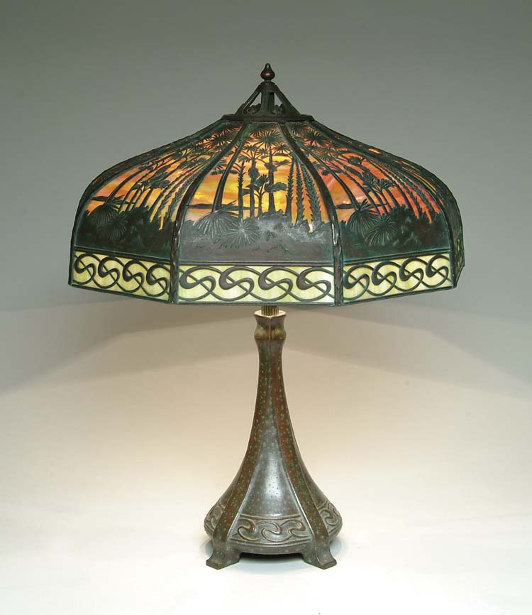 Appraisal: HANDEL HAWAIIAN TROPICS LAMP Nine-sided filigree overlay lamp nicely decorated