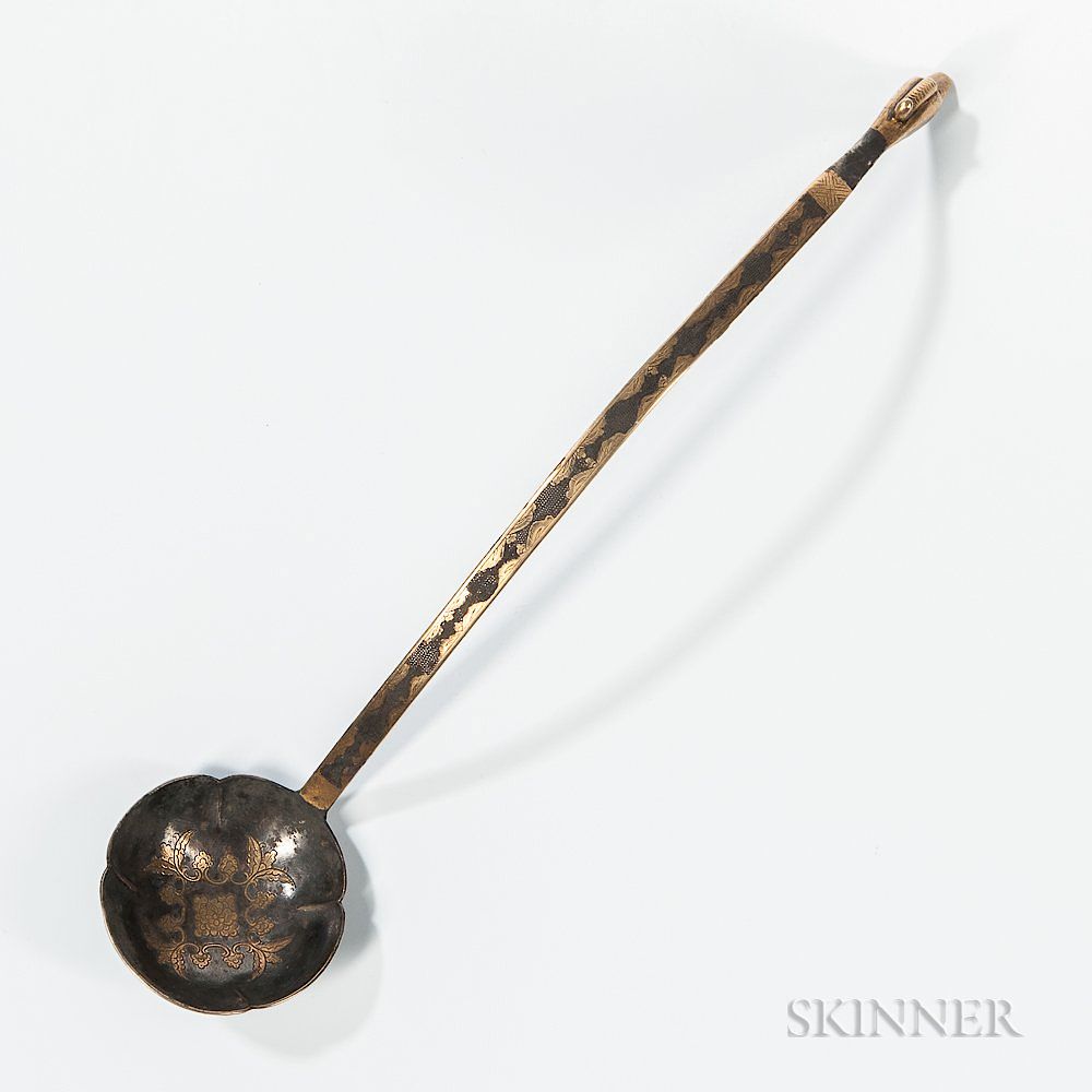 Appraisal: Parcel-gilt Silver Metal Ladle Parcel-gilt Silver Metal Ladle China Tang