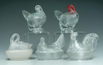 Appraisal: Five covered dishes with birds one frosted with swan base