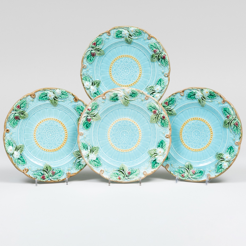 Appraisal: Set of Four Saugermines Majolica Strawberry Dishes Impressed mark in