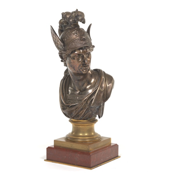 Appraisal: SILVERED BRONZE BUST OF ATHENA ON BRASS AND MARBLE BASE