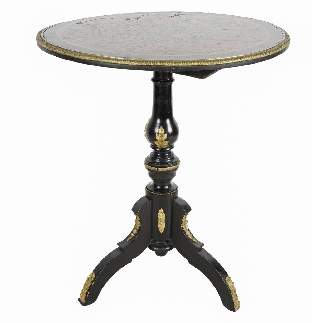 Appraisal: BOULLE-STYLE INLAID BONIZED TILT-TOP TRIPOD TABLECondition lifting to brass inlay