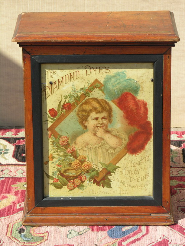 Appraisal: DIAMOND DYES COUNTRY STORE ADVERTISING CABINET Slant front with tin