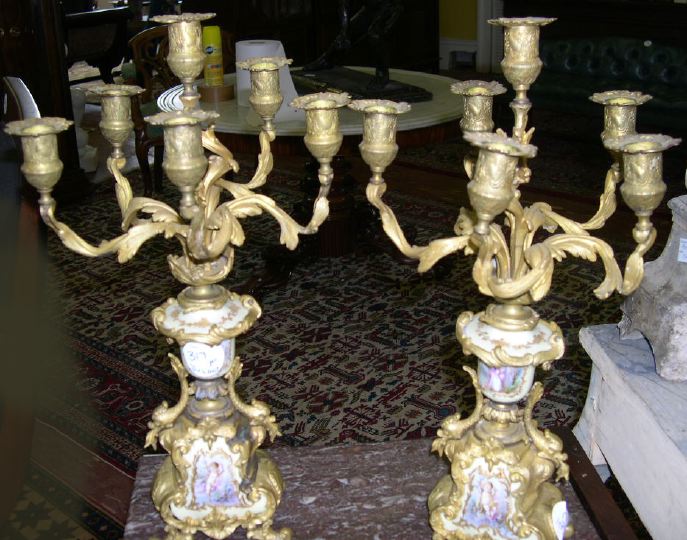 Appraisal: Pair of French Gilt-Brass-Mounted Pale Citron-Ground Porcelain Six-Light Candelabra first