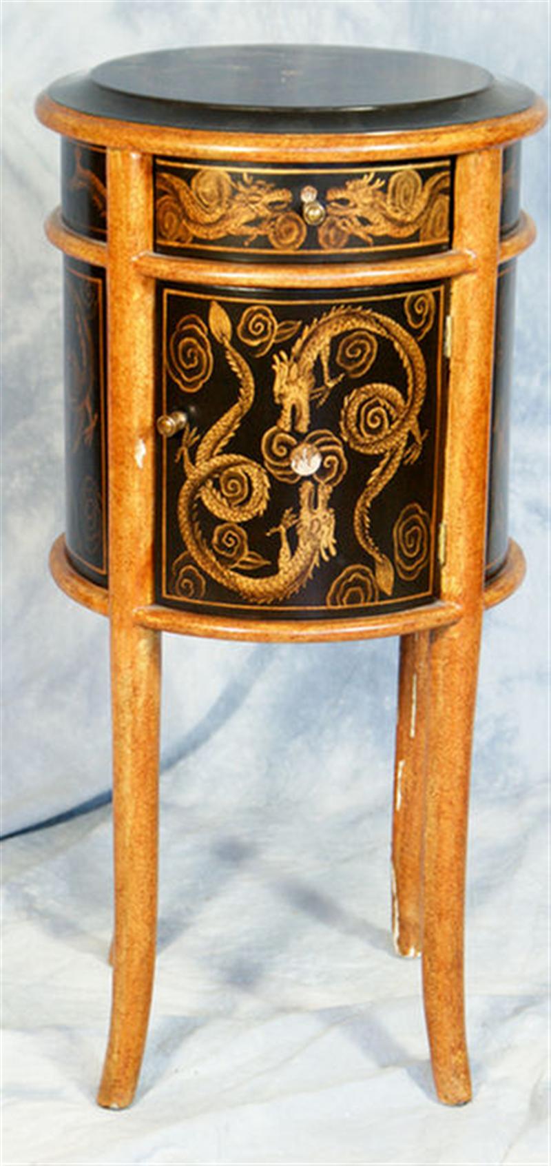 Appraisal: Black lacquer decorated round end table with a door and