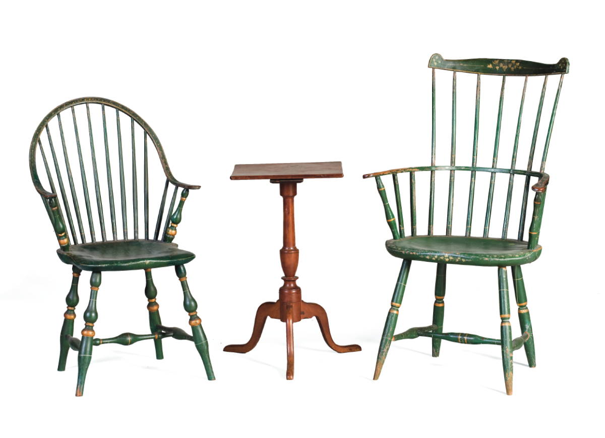 Appraisal: NEW ENGLAND GREEN-PAINTED AND DECORATED CONTINUOUS ARM WINDSOR CHAIR