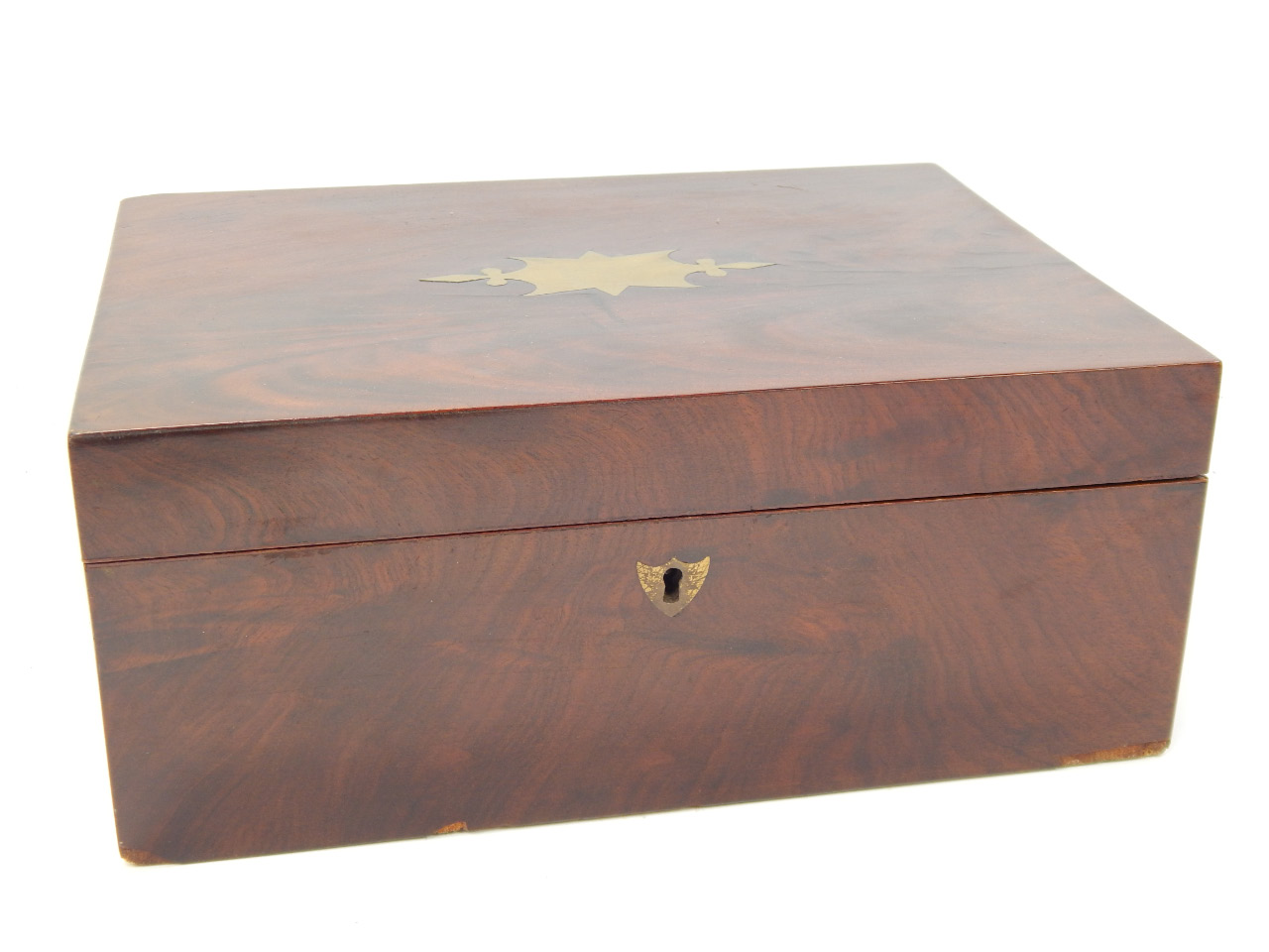 Appraisal: A thC figured mahogany workbox with brass inlay the interior