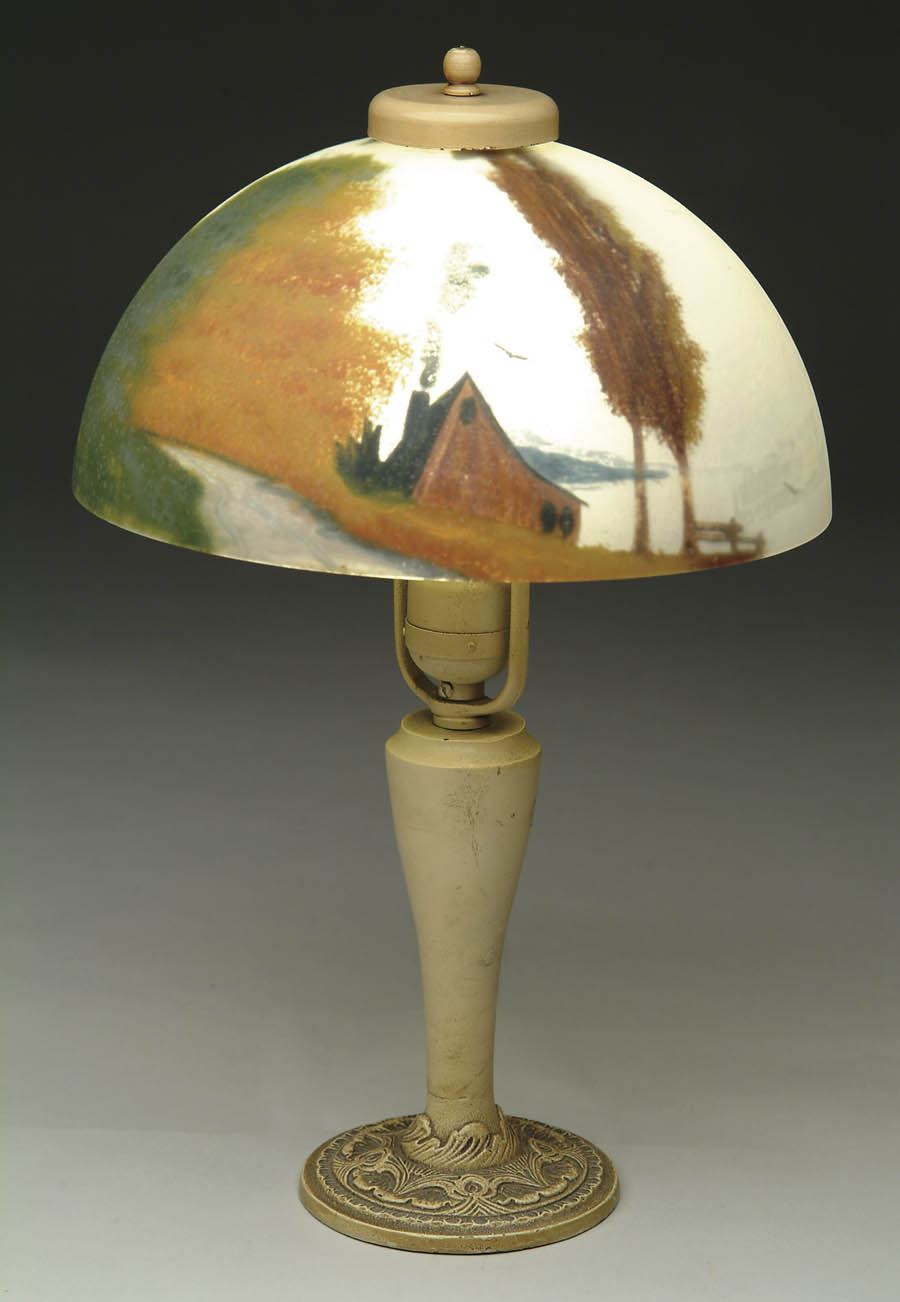 Appraisal: SIGNED ALADDIN PAINTED BOUDOIR LAMP Frosted shade with country scene