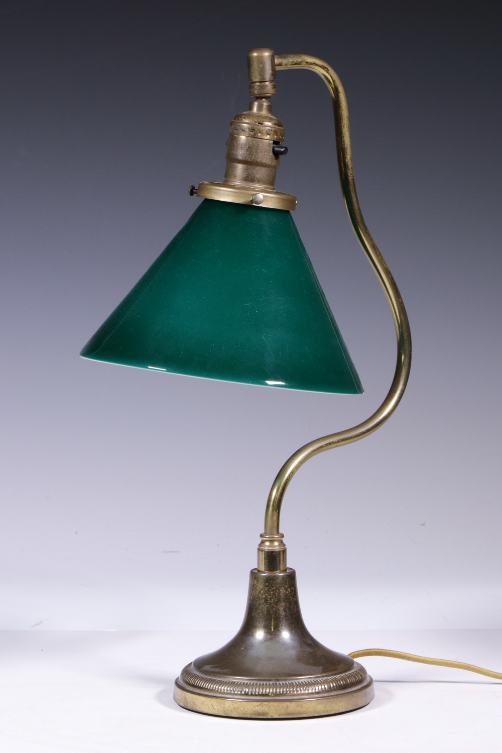 Appraisal: BRASS TABLE LAMP WITH SHADE Brass table lamp with emerald