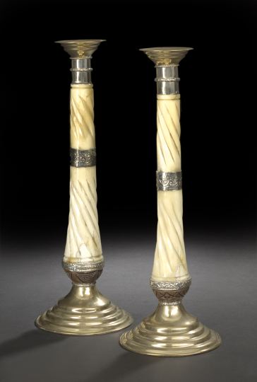 Appraisal: Tall Pair of Anglo-Indian Silver Alloy and Brass-Mounted Spiral Rib-Carved