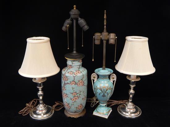 Appraisal: LIGHTING four Lamps Oriental type vase with cherry blossoms on