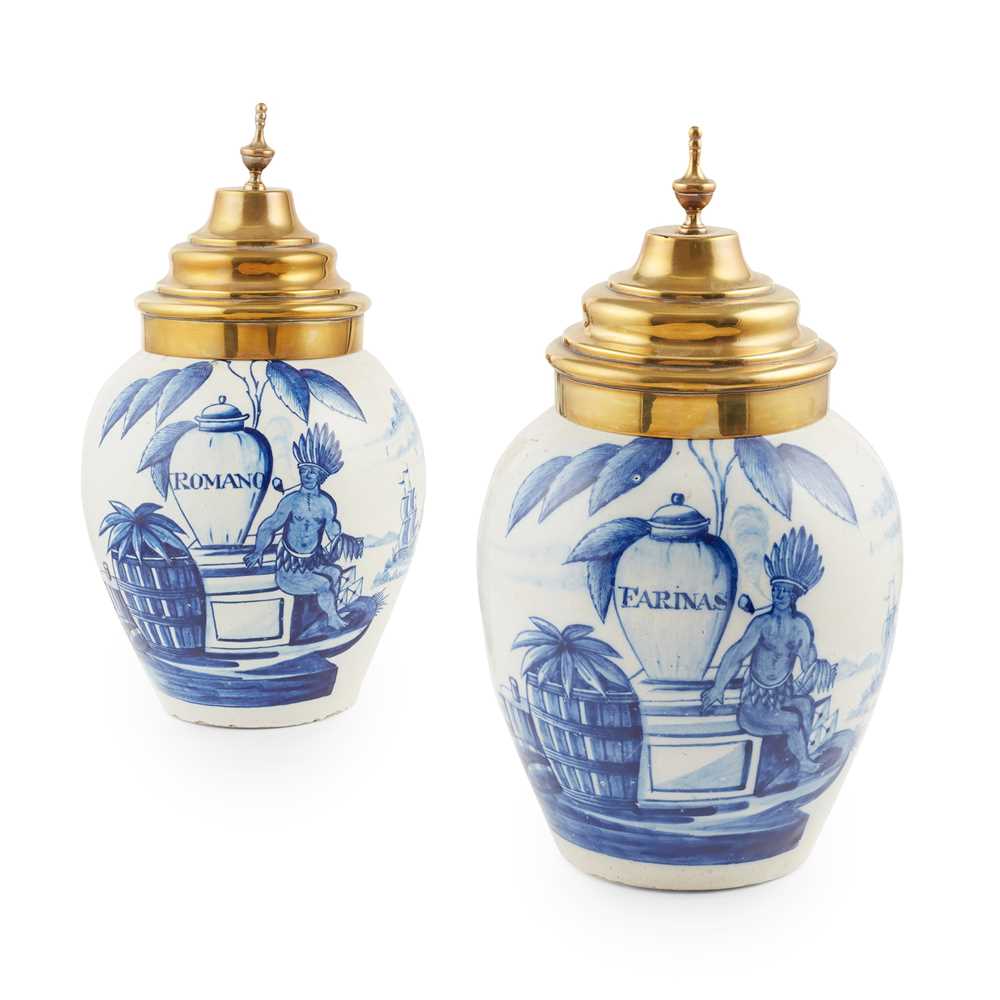 Appraisal: PAIR OF BLUE AND WHITE DUTCH DELFT TOBACCO JARS WITH