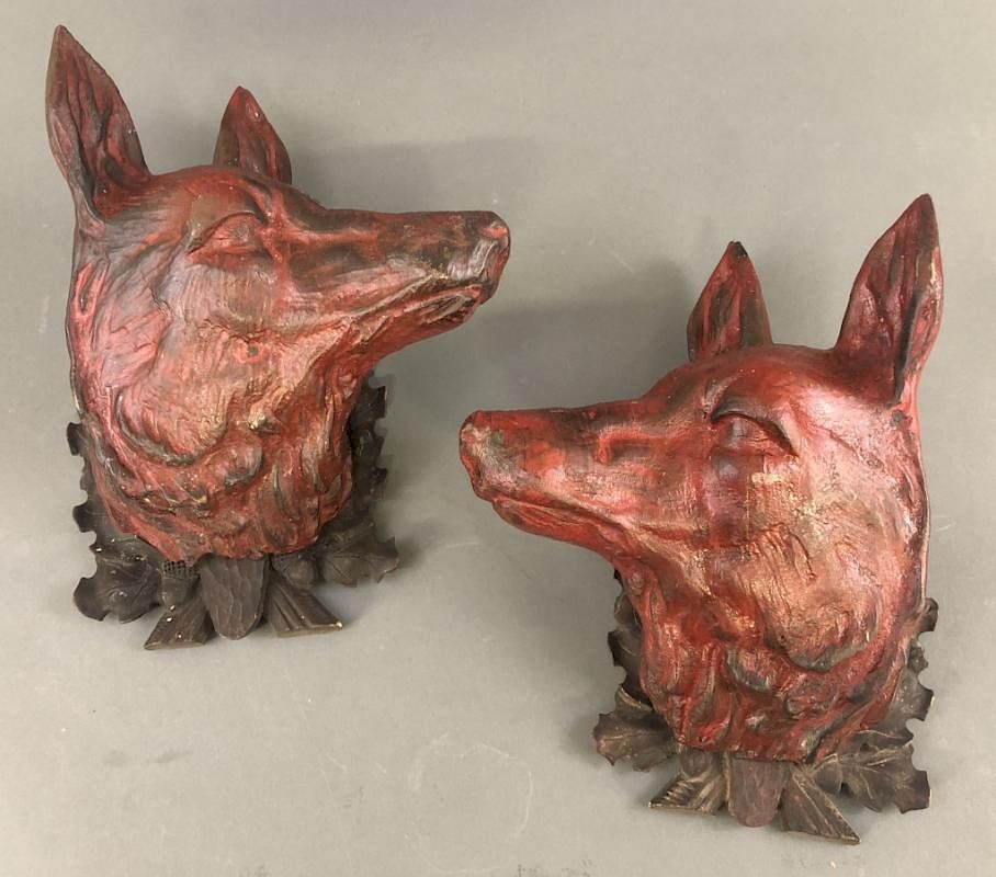 Appraisal: Pair of Black Forest Style Carved Wolf Heads Pair of