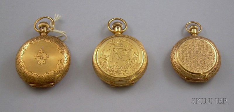 Appraisal: Three Lady's kt Gold Hunting Case Savonnette Pocket Watches all