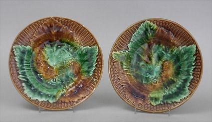 Appraisal: PAIR OF MAJOLICA GRAPE LEAF PLATES Unmarked each with green