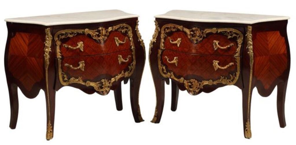 Appraisal: pair Louis XV style marble-top commodes inlaid case with two