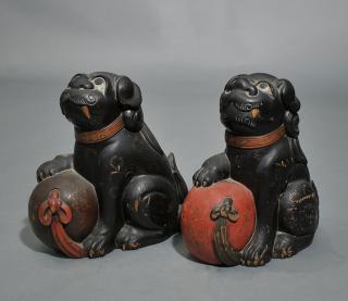 Appraisal: Pair of Carved Wooden Foo Dogs Large pair of carved