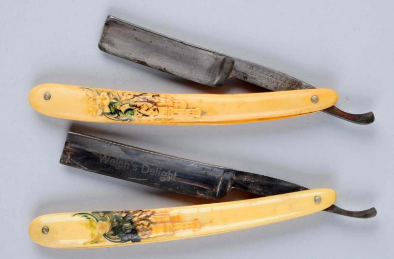 Appraisal: Lot of Matching Celluloid Castle Razors Pair of German straight