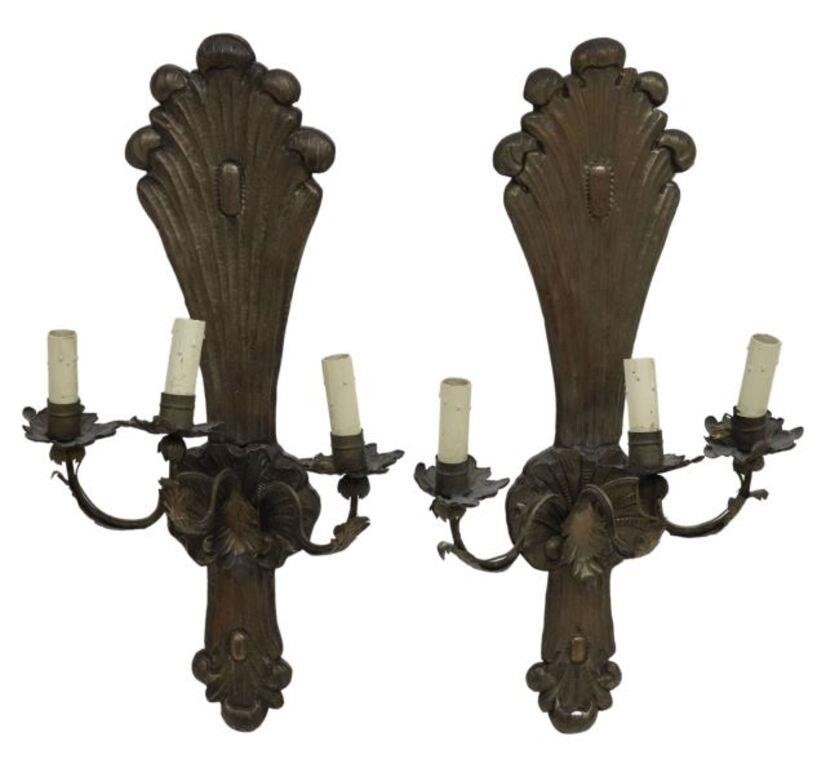 Appraisal: pair Italian three-light metal wall sconces early th c chased