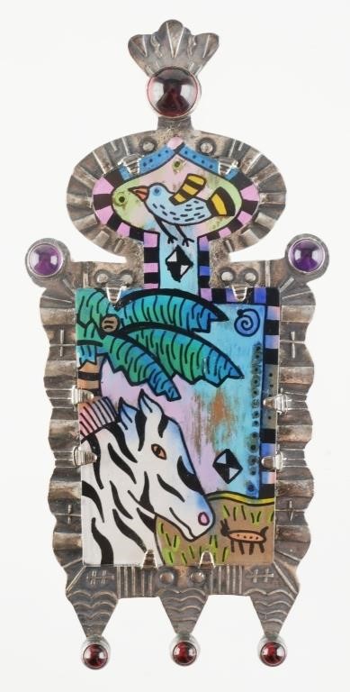 Appraisal: Jane Carpenter-designed silver pin with vibrant enamel depiction of zebra