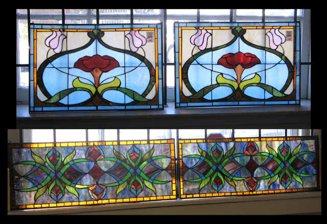 Appraisal: TWO PAIR OF STAINED AND LEADED GLASS WINDOW PANELS the