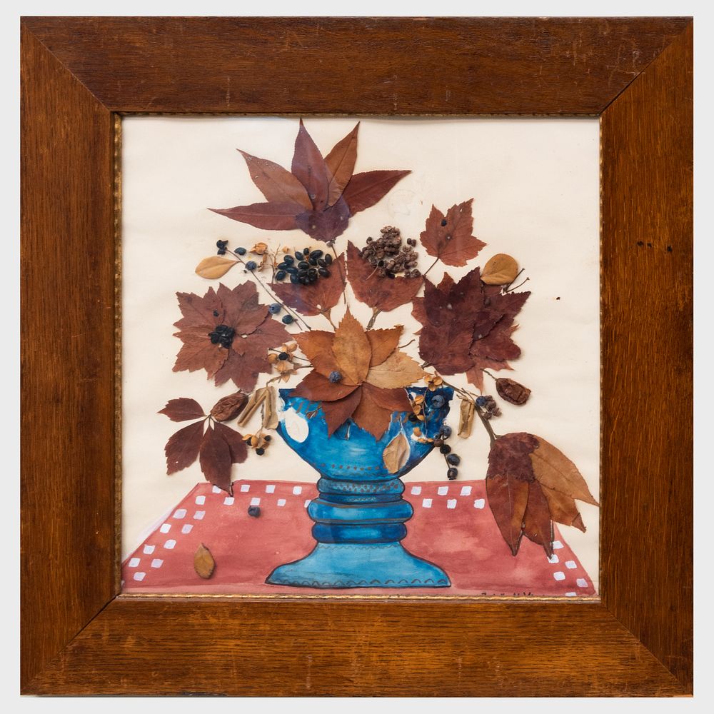 Appraisal: Pressed Leaf Collage Still Life x in frame Condition Some