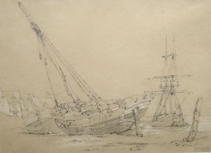 Appraisal: Attributed to Richard Parkes Bonington - - Beached fishing vessels