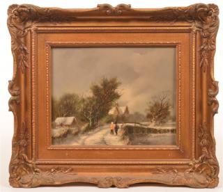 Appraisal: Vintage European Oil on Board Winter Landscape Scene Two figures