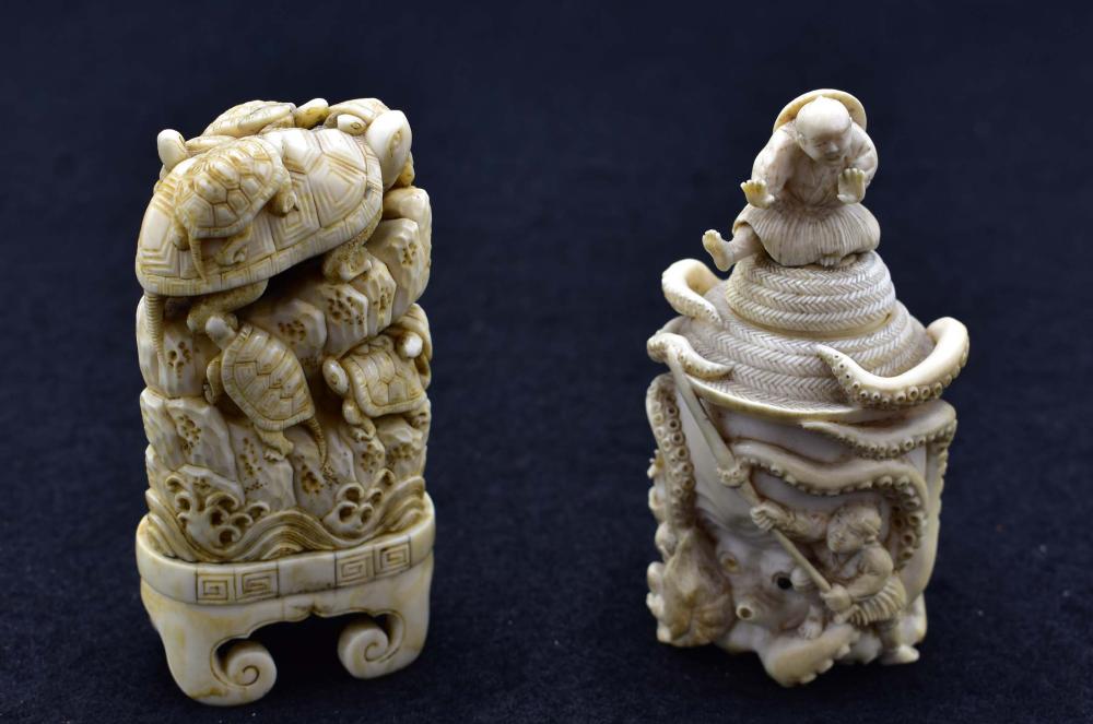 Appraisal: TWO JAPANESE CARVED OKIMONOMeiji Period Both unsigned The first a