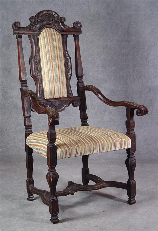 Appraisal: Oak Jacobean Style Armed Chair Circa Carved arched back with