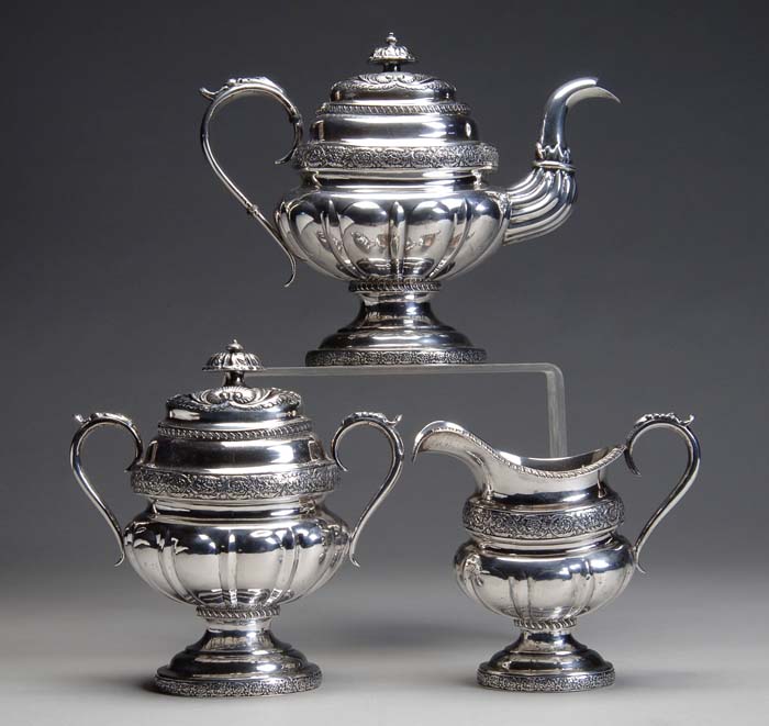 Appraisal: FINE COIN SILVER THREE PIECE TEA SET Mid th Century