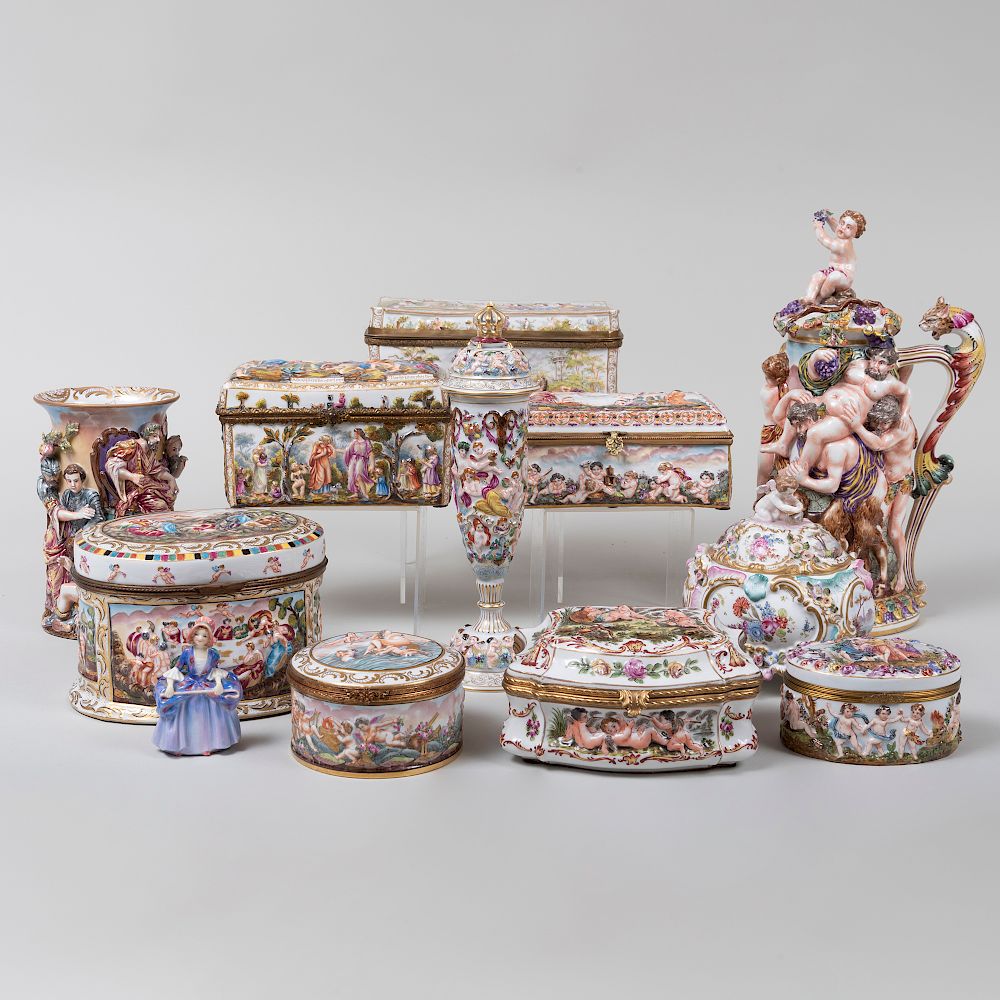 Appraisal: Group of Seven Capodimonte Porcelain Boxes and Three Vessels Most