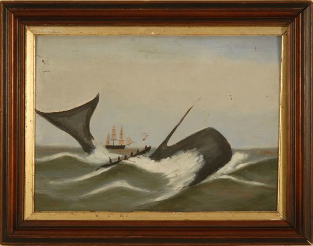 Appraisal: FRAMED PRIMITIVE-STYLE PAINTINGAmerican th CenturyCapturing the whale depicting a whaleboat