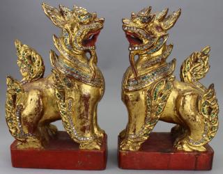 Appraisal: Pair Gilt th C Burmese Temple Lions Pair Gilt th