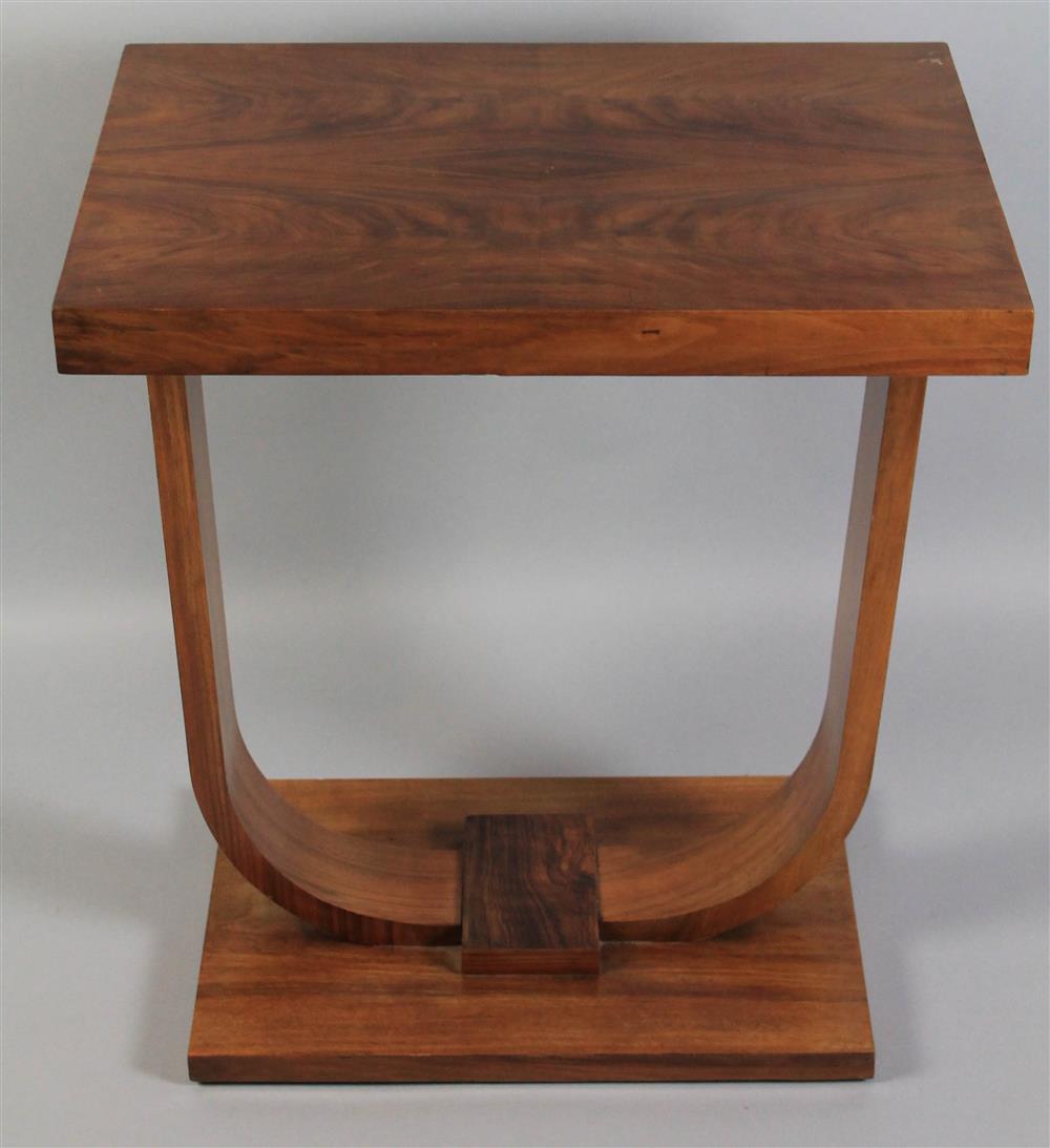 Appraisal: SMALL MODERN WALNUT VENEER CONSOLE TABLE with curved sculptural base