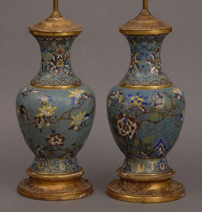 Appraisal: PAIR OF CHINESE TURQUOISE-GROUND CLOISONNE BALUSTER-FORM VASES MOUNTED AS LAMPS