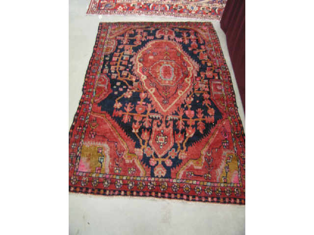 Appraisal: Hamadan Persian Handmade Rug blues salmon central medallion ' x