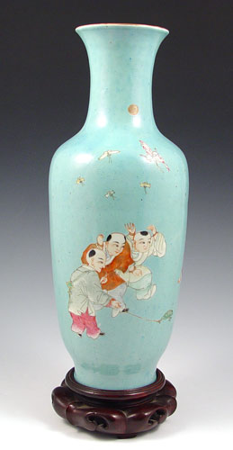 Appraisal: CHINESE AQUA COLOR CERAMIC VASE Images of men playing with