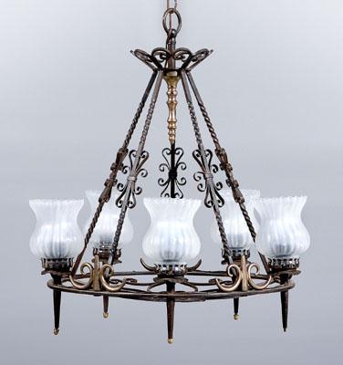 Appraisal: Arts and Crafts chandelier twisted and scrolled wrought iron frame