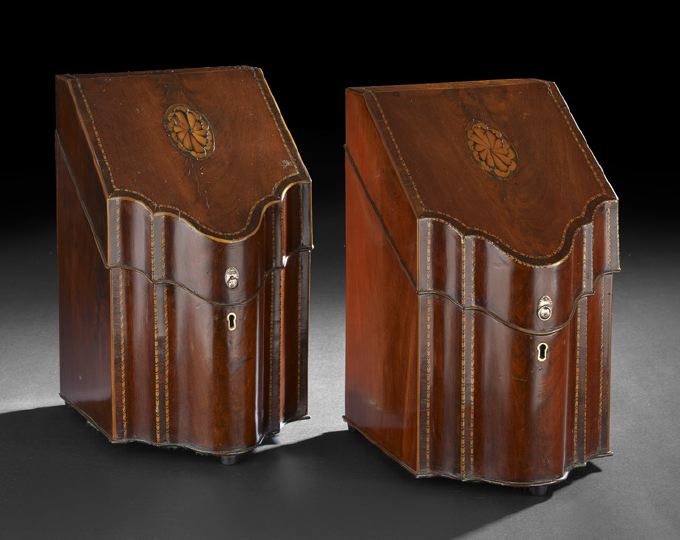 Appraisal: Pair of Edwardian Mahogany and Marquetry Slant-Front Knife Boxes first