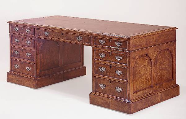 Appraisal: A George III style burl walnut partners desk The rectangular