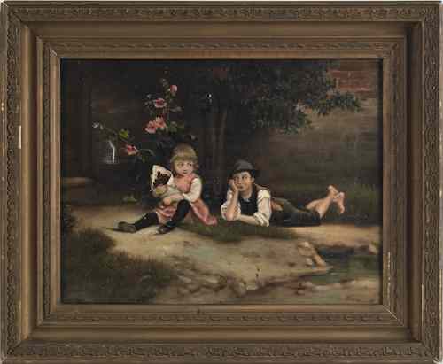 Appraisal: Oil on canvas of two children th c signed lower