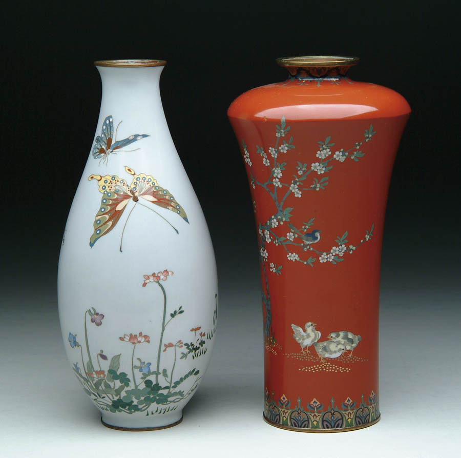 Appraisal: TWO JAPANESE CLOISONNE ENAMEL VASES Flaring shoulder style vase has