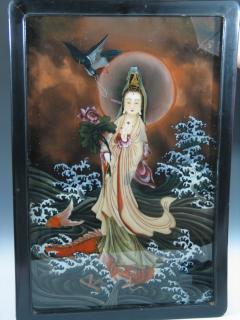 Appraisal: Chinese Reverse Painting of Guanyin in the Hard Wood Frame