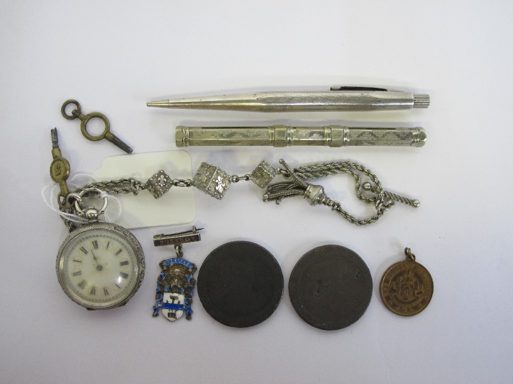 Appraisal: A lot comprising a ladies silver fob watch on chain